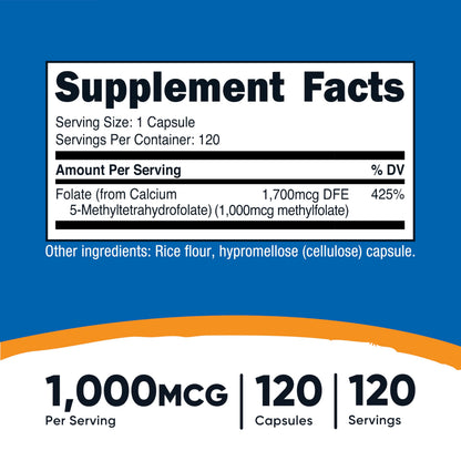 Nutricost L-Methylfolate supplement bottle detailing non-GMO and gluten-free certifications