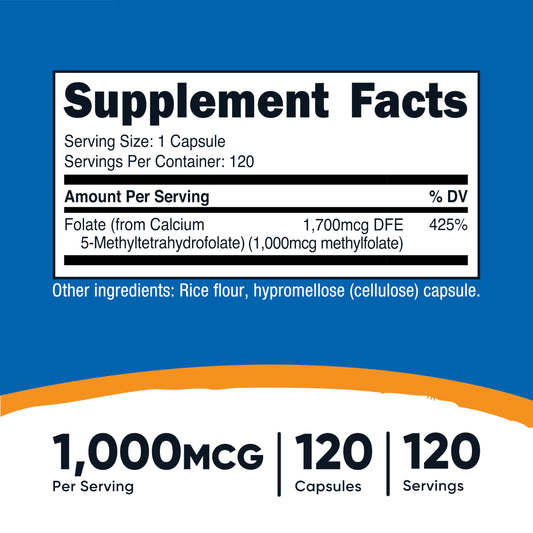Nutricost L-Methylfolate supplement bottle detailing non-GMO and gluten-free certifications