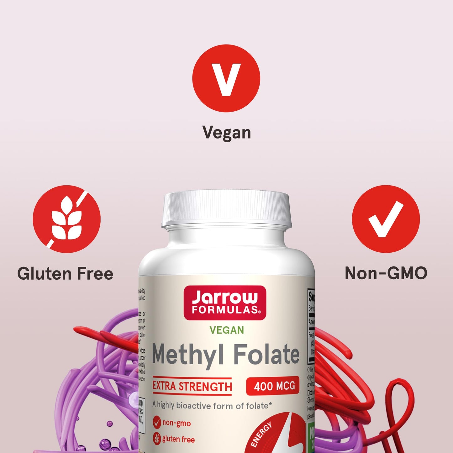 Vegan and non-GMO certified Jarrow Formulas methyl folate seals