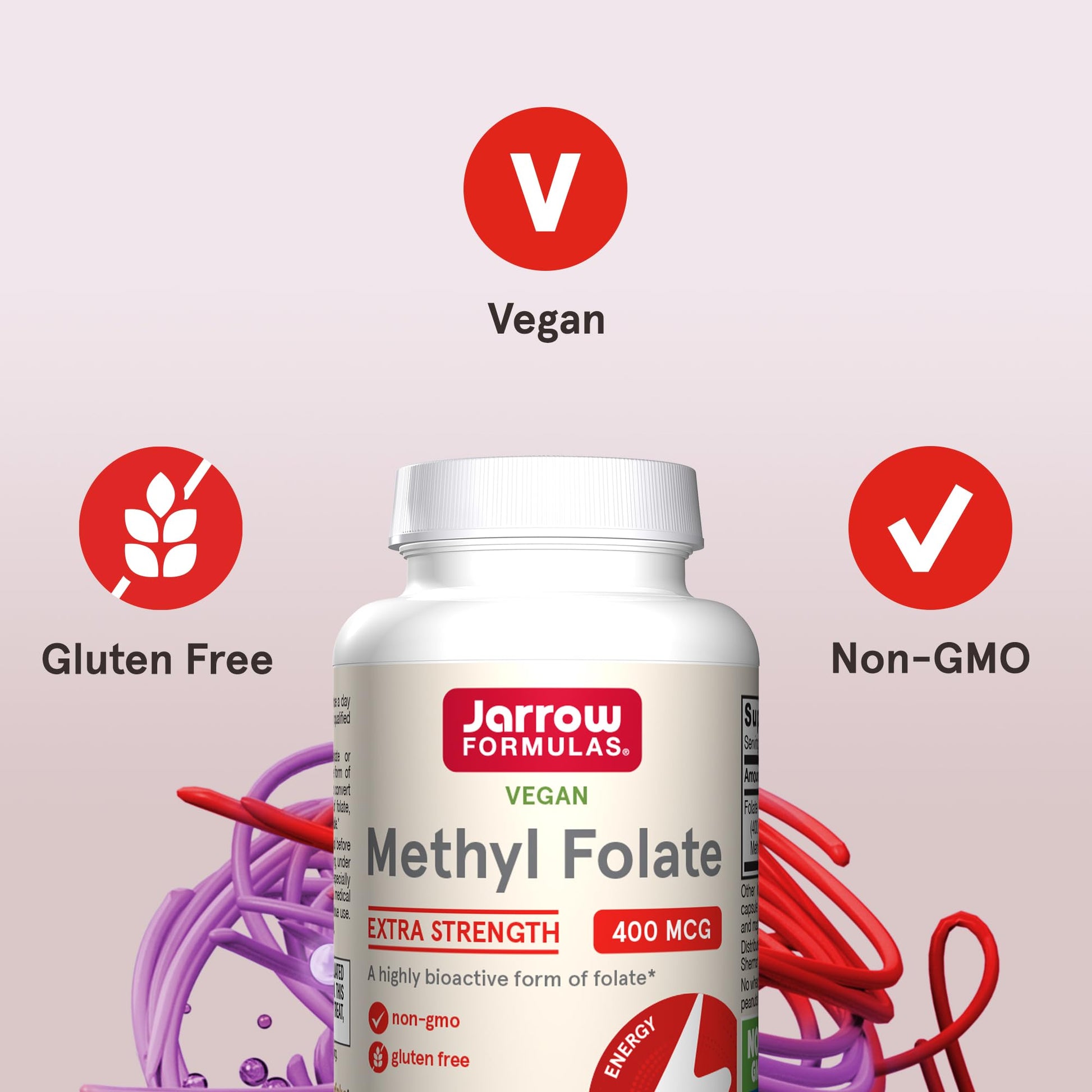 Vegan and non-GMO certified Jarrow Formulas methyl folate seals