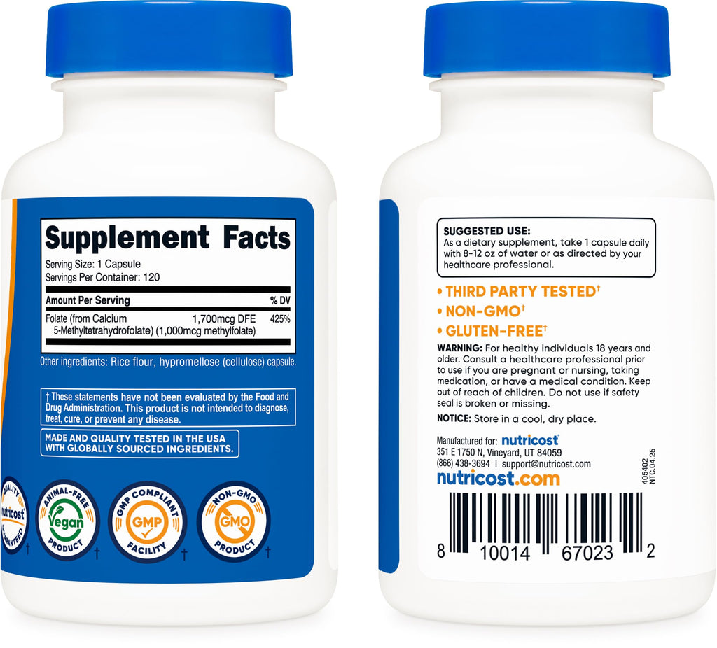 Nutricost brand active folate 1000mcg container highlighting third-party tested seal