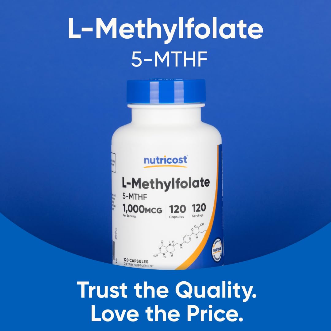 Nutricost Methyl Folate capsules showing vegan-friendly dietary supplement information panel