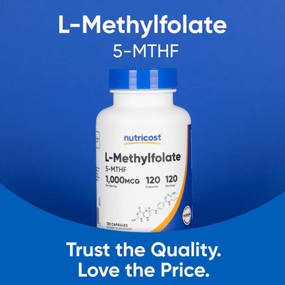 Nutricost Methyl Folate capsules showing vegan-friendly dietary supplement information panel