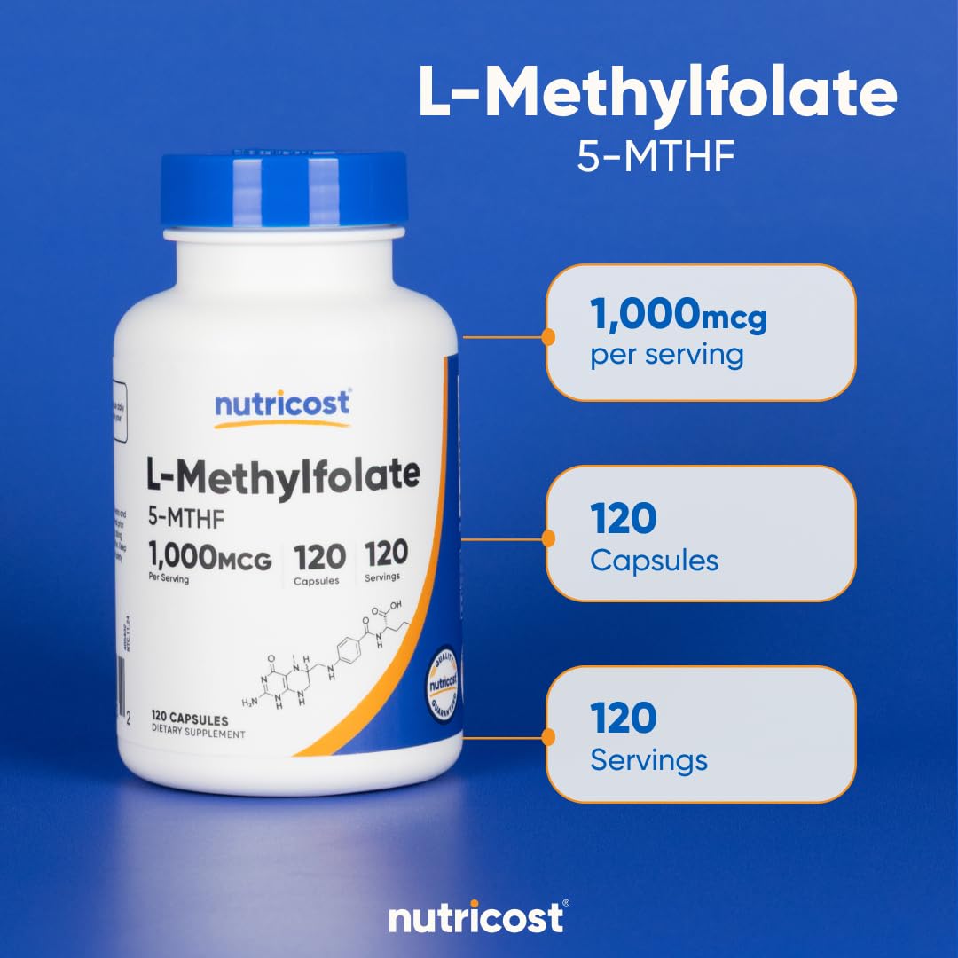 Side view of authentic imported Nutricost L-Methylfolate bottle detailing daily usage directions