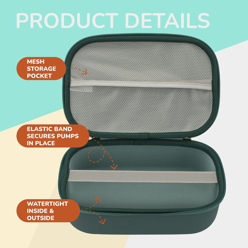 CJZ travel breast pump storage bag opened showing the interior removable tray and mesh pocket