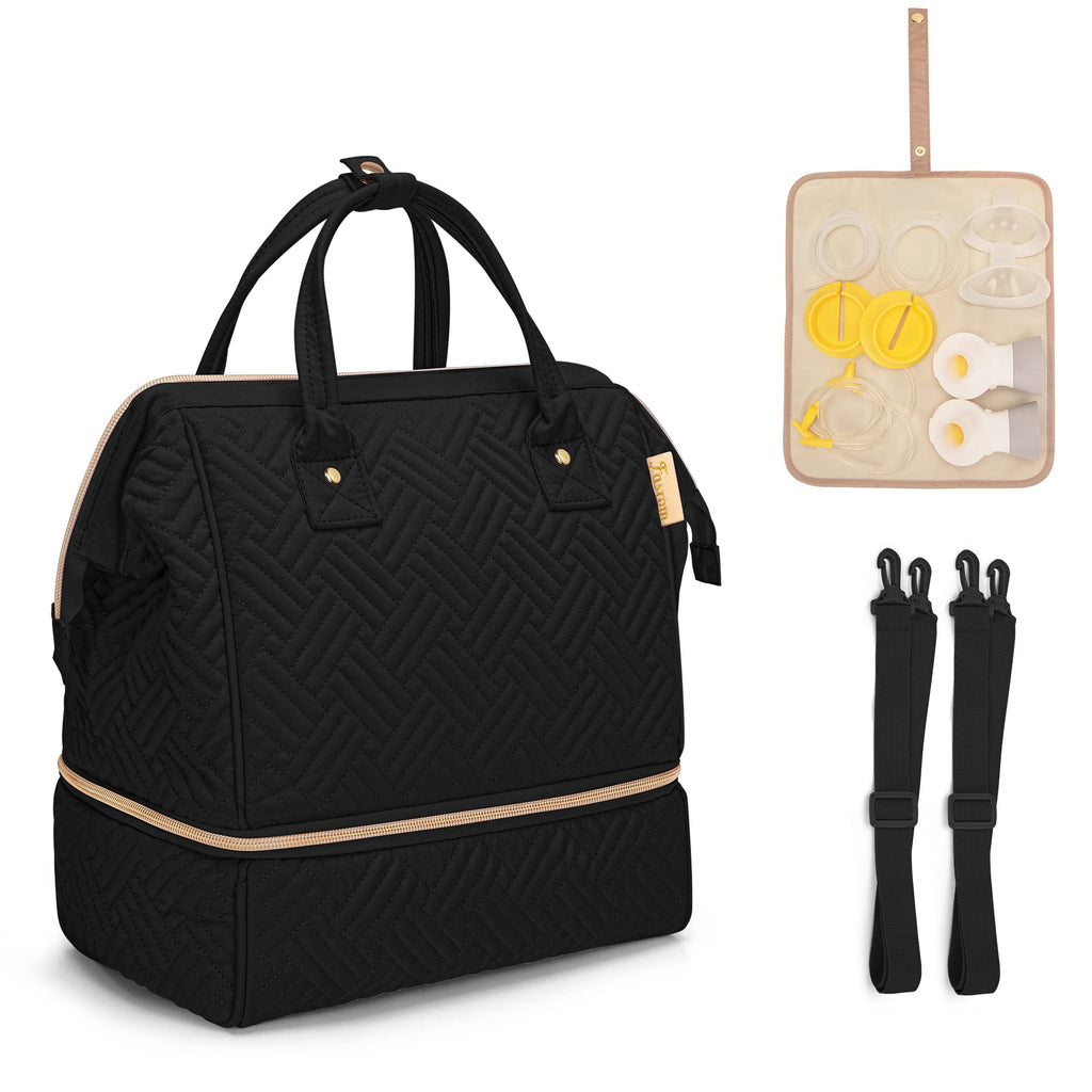 Fasrom breast pump bag showing the luggage strap secured onto a suitcase handle
