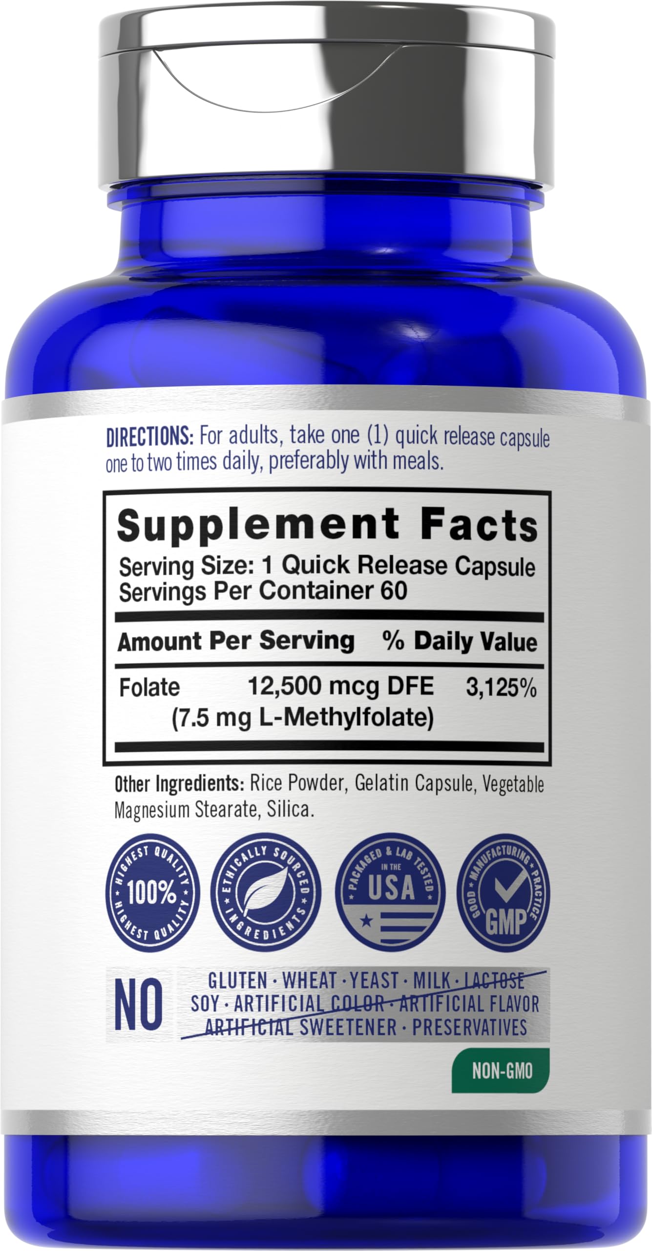 Carlyle Opti Folate dietary supplement packaging highlighting non GMO and gluten free certifications.
