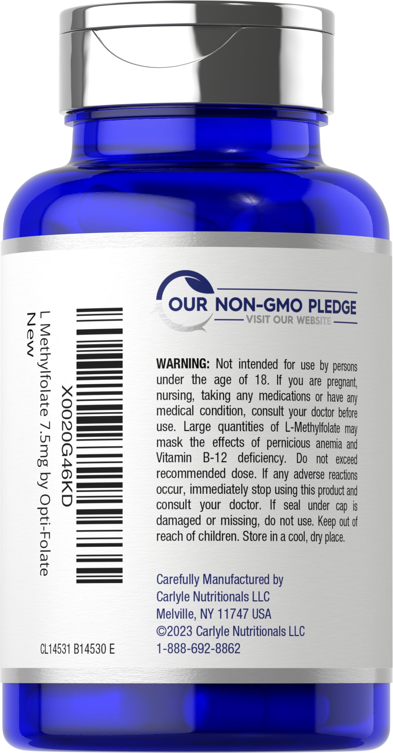 Side view of Carlyle L-Methylfolate bottle showing detailed nutritional facts and quick release capsule directions.