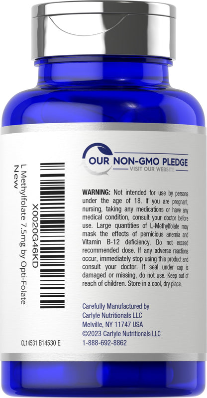 Side view of Carlyle L-Methylfolate bottle showing detailed nutritional facts and quick release capsule directions.