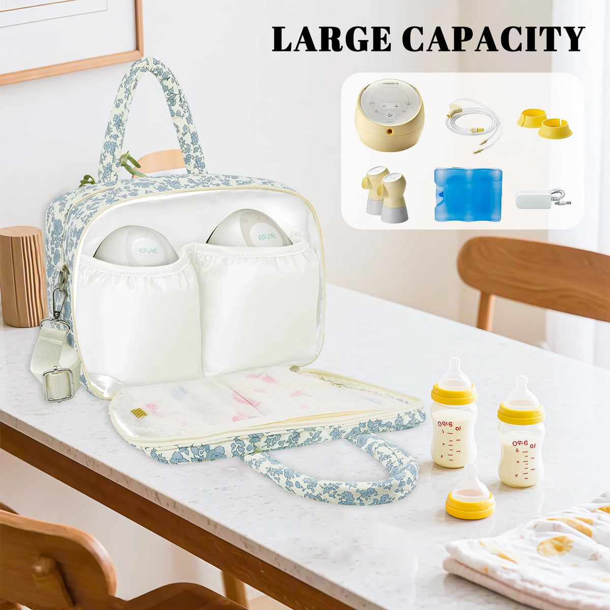 Rain Bunny floral storage tote showing adjustable crossbody strap attached.