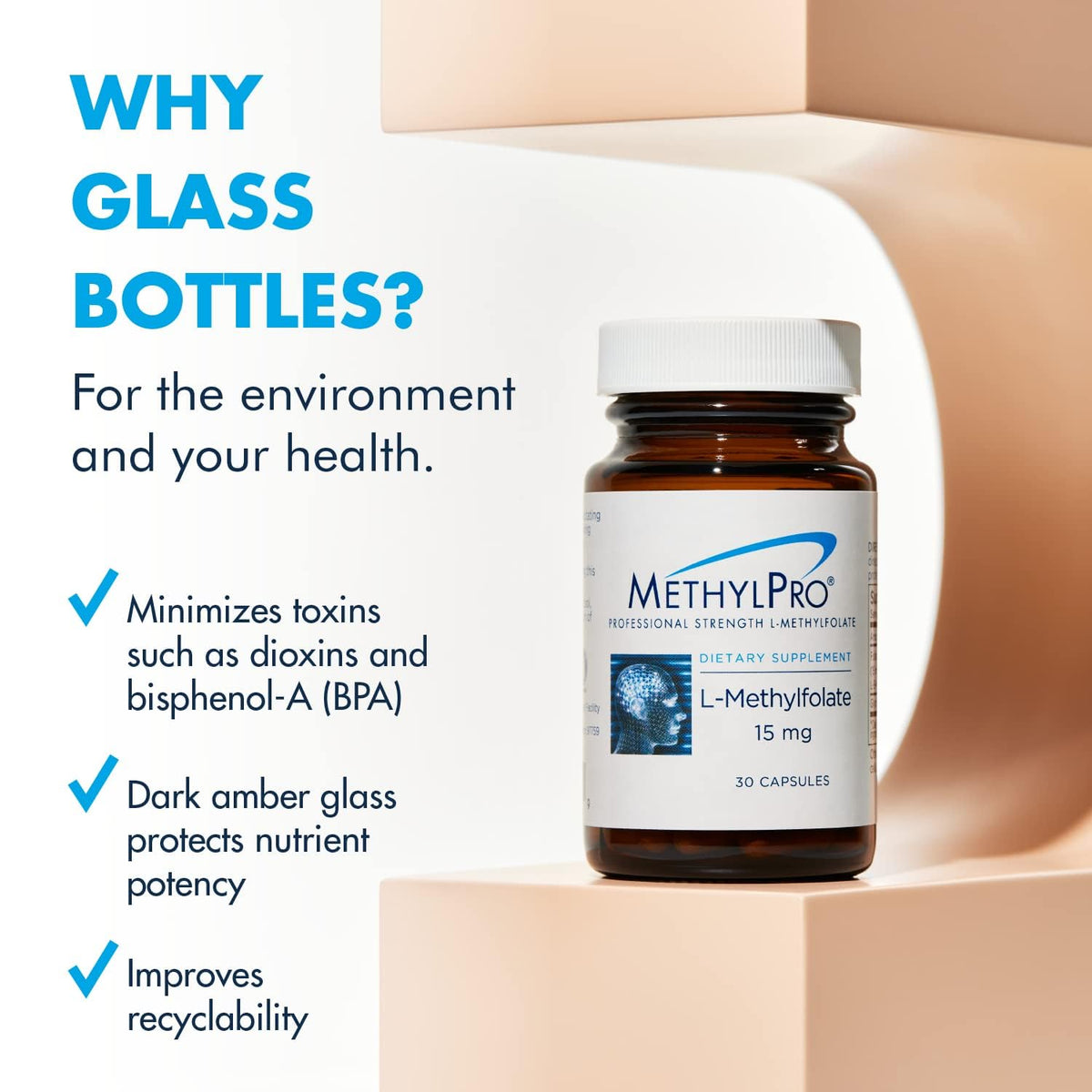 MethylPro active folate supplement capsules display highlighting serving sizes