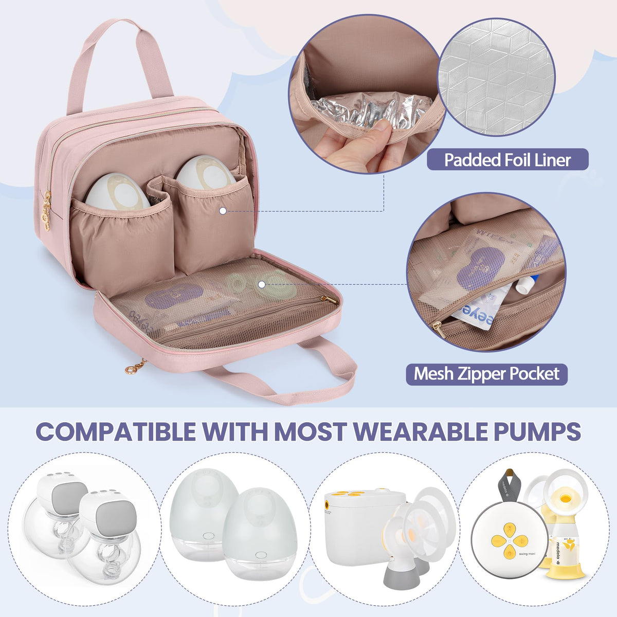 Damero insulated pump carrying case open front compartment showing padded elastic pouches