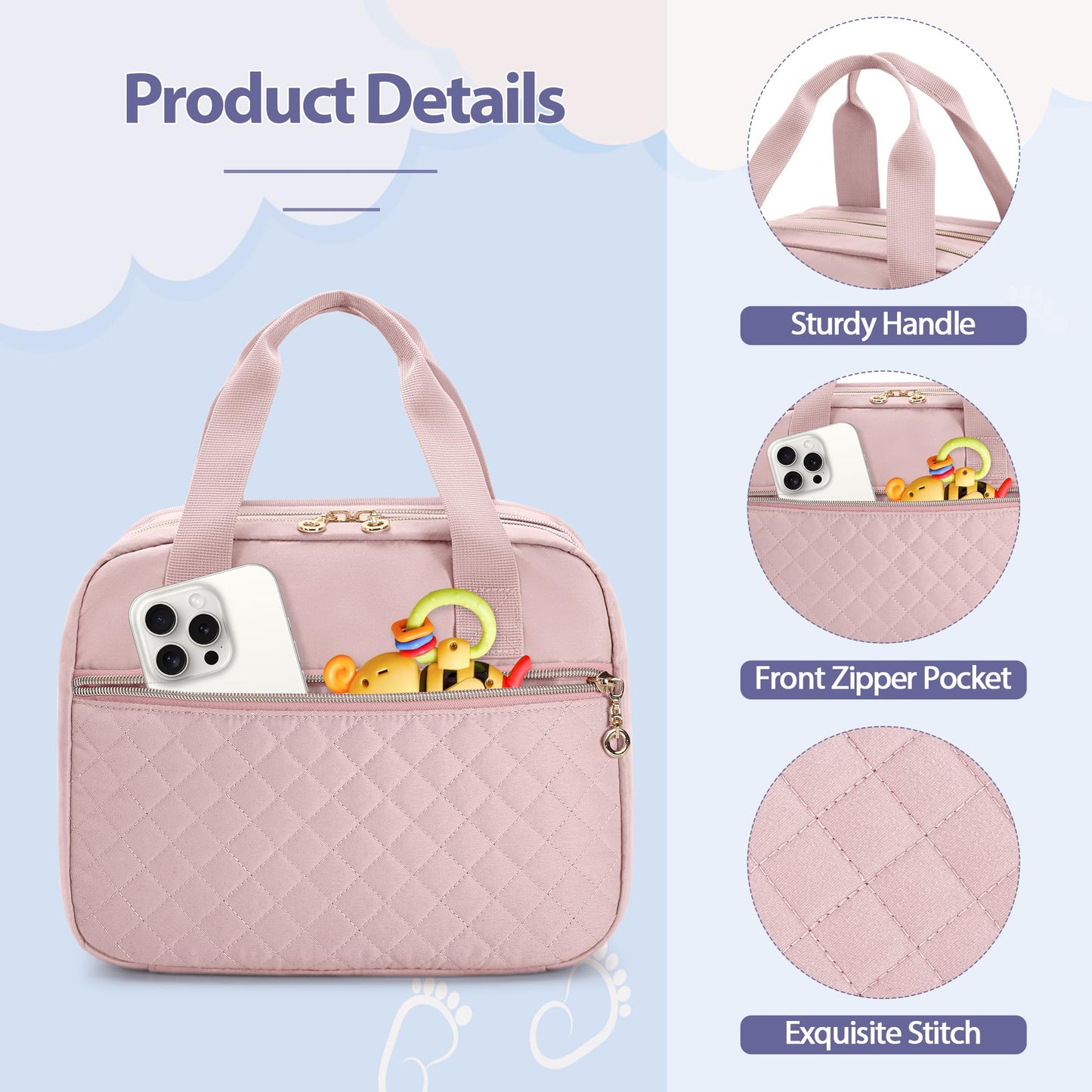 Damero pink portable pump storage bag being carried by the top handle for travel