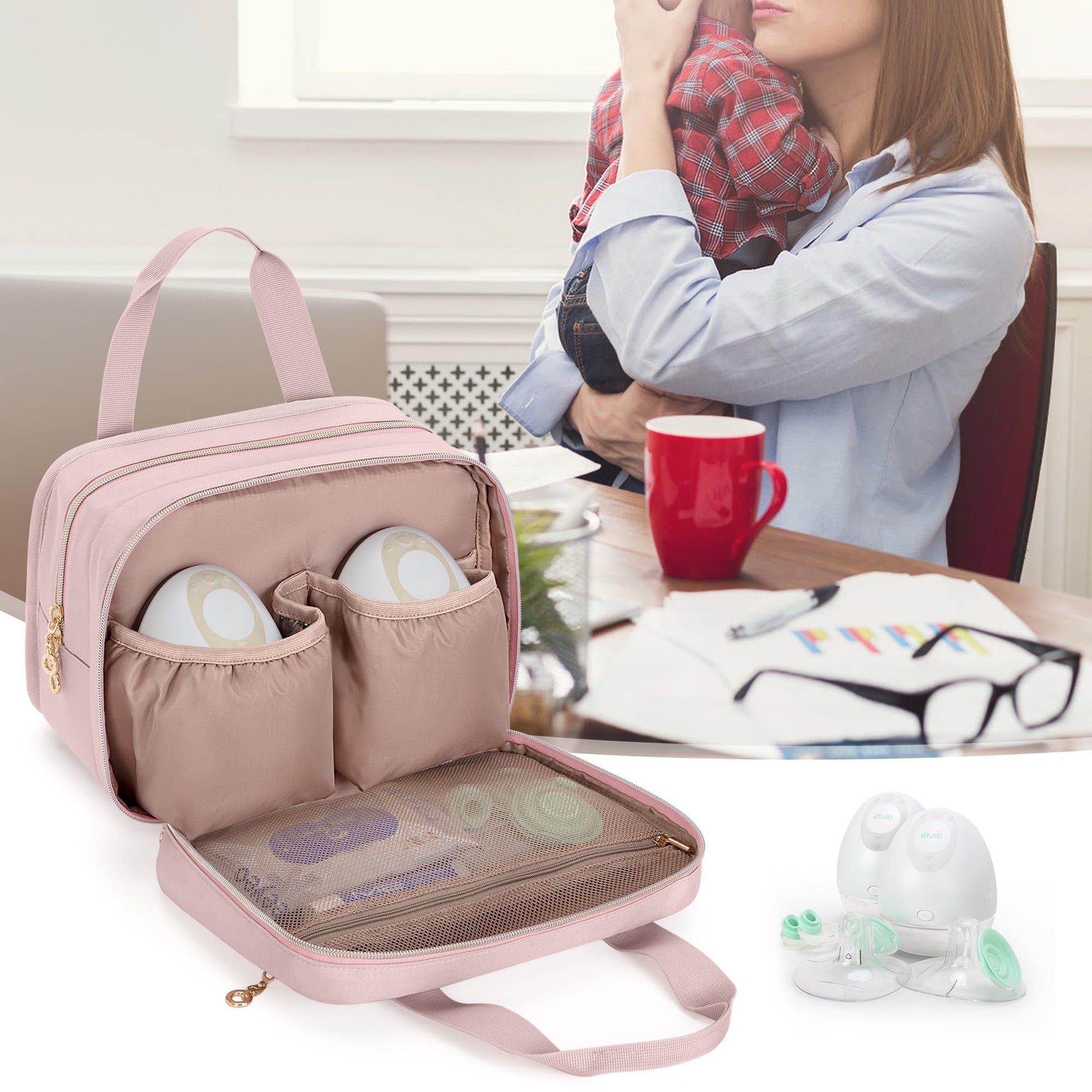 Damero hands free breast pump travel bag side view highlighting compact and discreet design