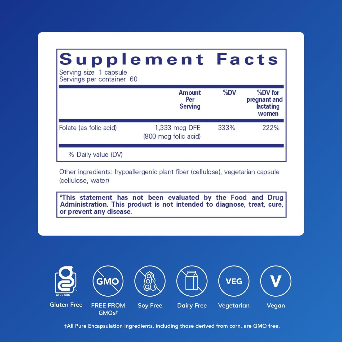 Pure Encapsulations Folic Acid supplement facts label showing 800 mcg dosage ingredients