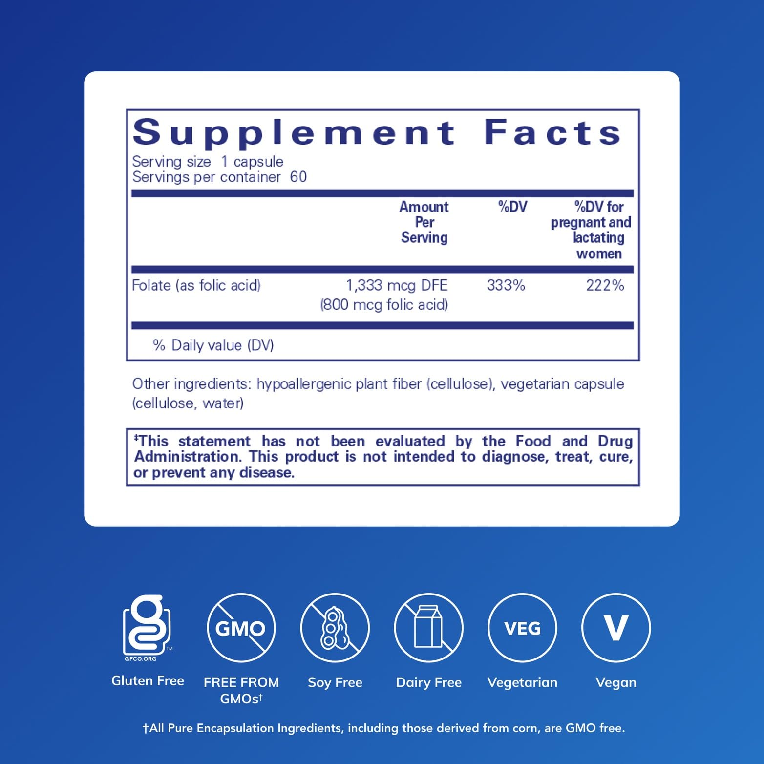 Pure Encapsulations Folic Acid supplement facts label showing 800 mcg dosage ingredients