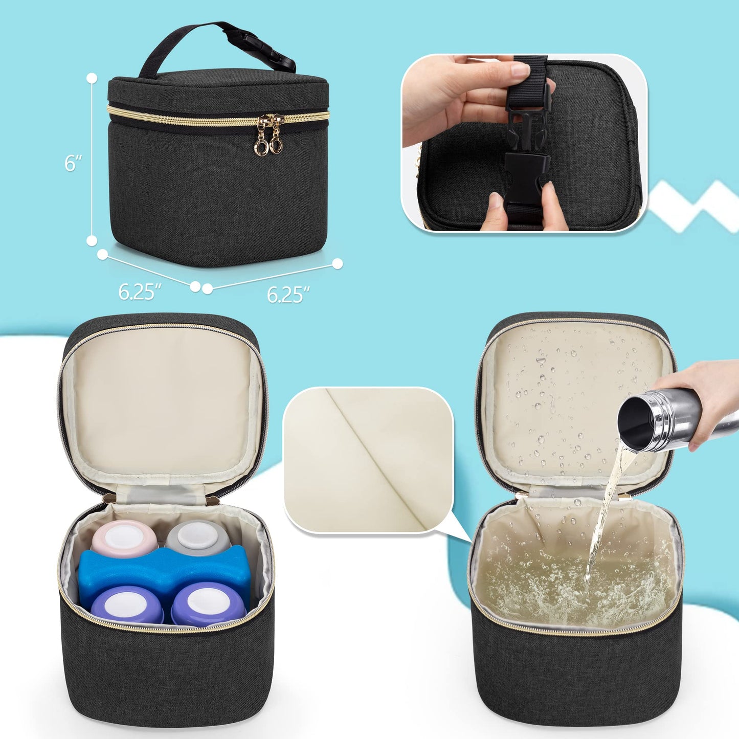 LUXJA insulated breastmilk cooler bag holding four storage bottles