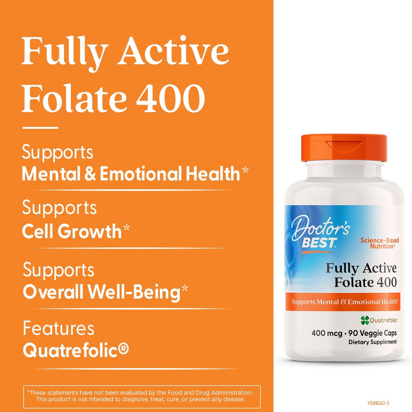 Doctor's Best prenatal folate 400mcg capsule details highlighting vegan and non-GMO icons