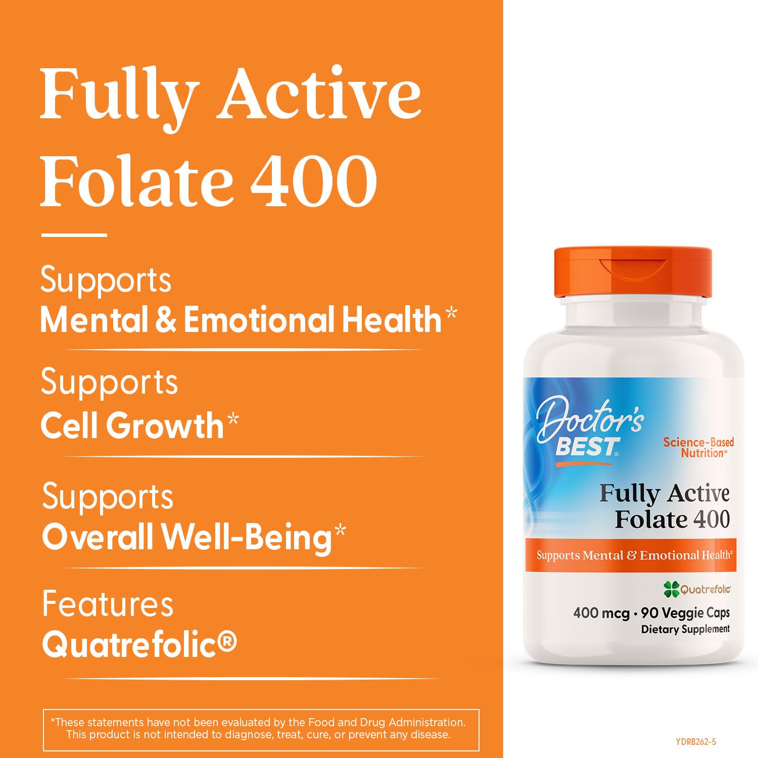 Doctor's Best prenatal folate 400mcg capsule details highlighting vegan and non-GMO icons