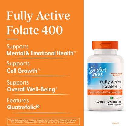 Doctor's Best prenatal folate 400mcg capsule details highlighting vegan and non-GMO icons