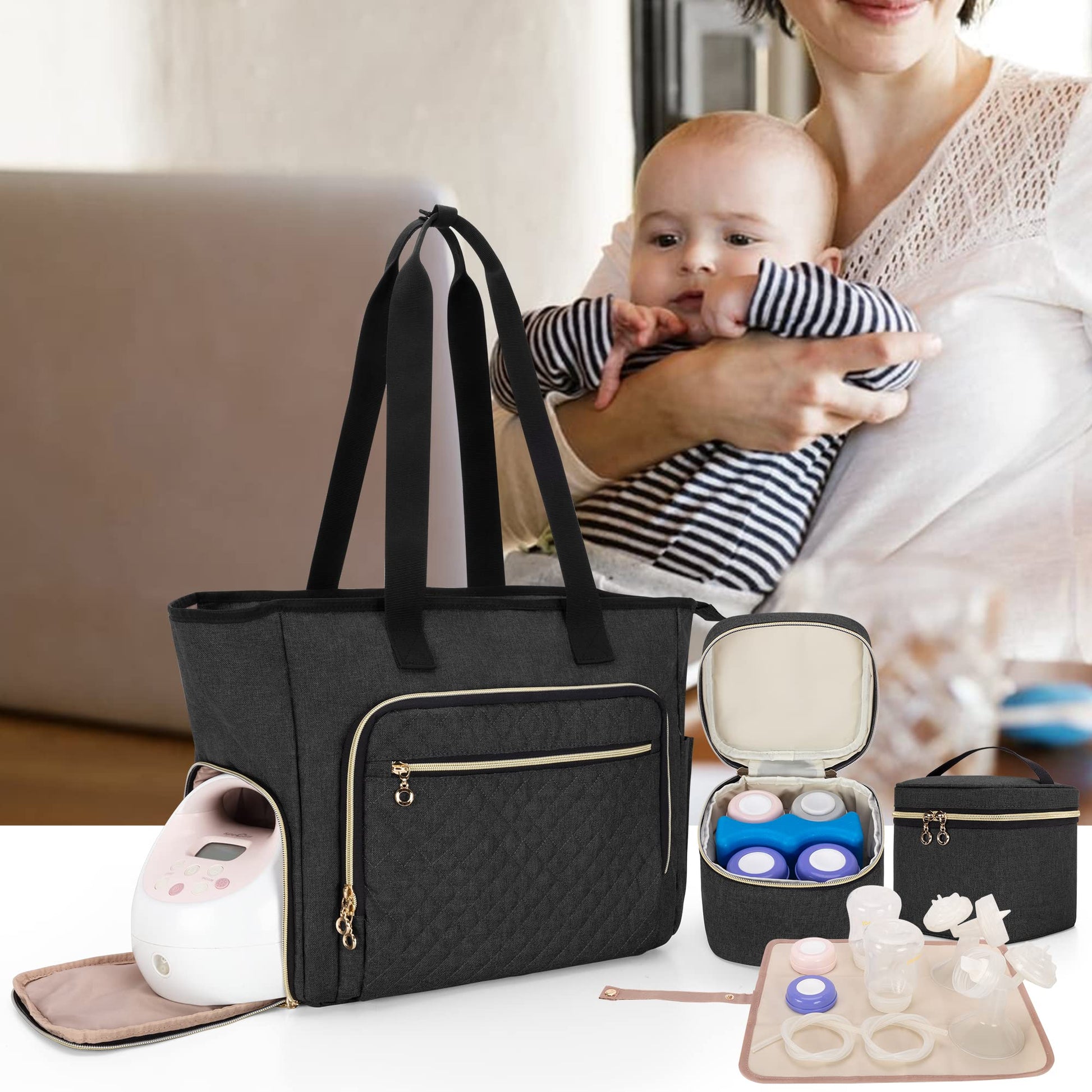 LUXJA four piece breast pump organizer set including tote cooler case and mat