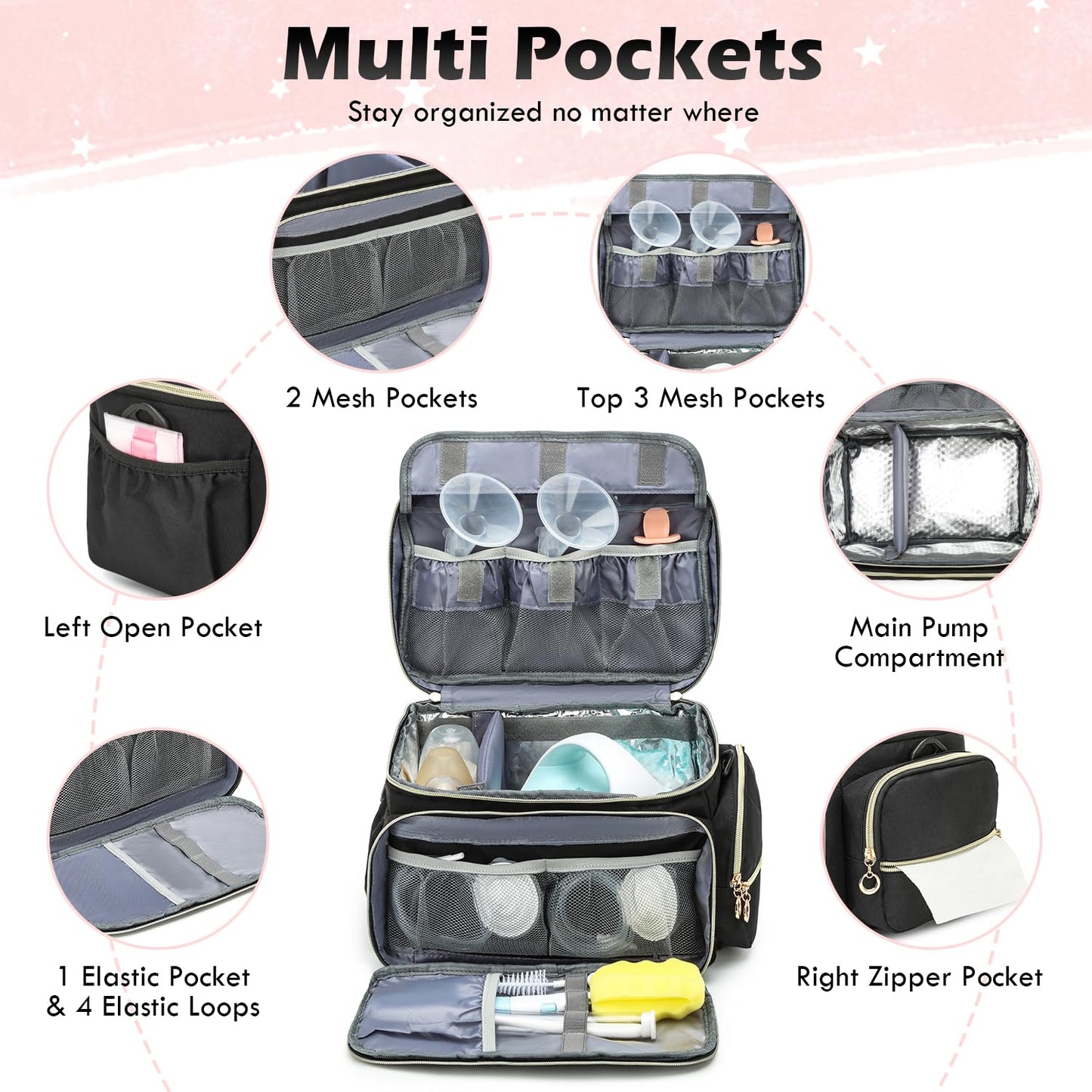 SLINRKE portable storage carrier showing the lower insulated cooler layer with breast milk storage bottles.