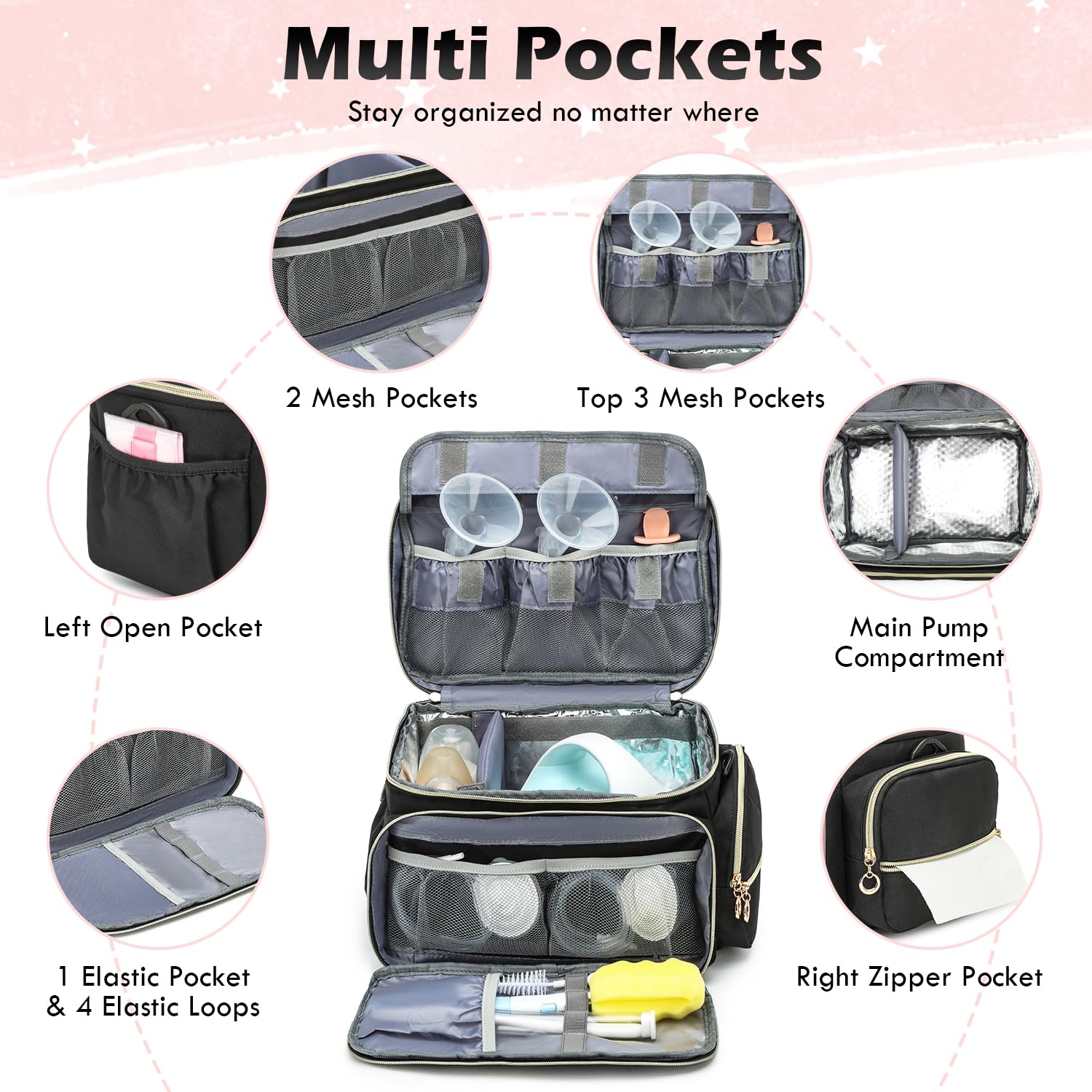 SLINRKE portable storage carrier showing the lower insulated cooler layer with breast milk storage bottles.