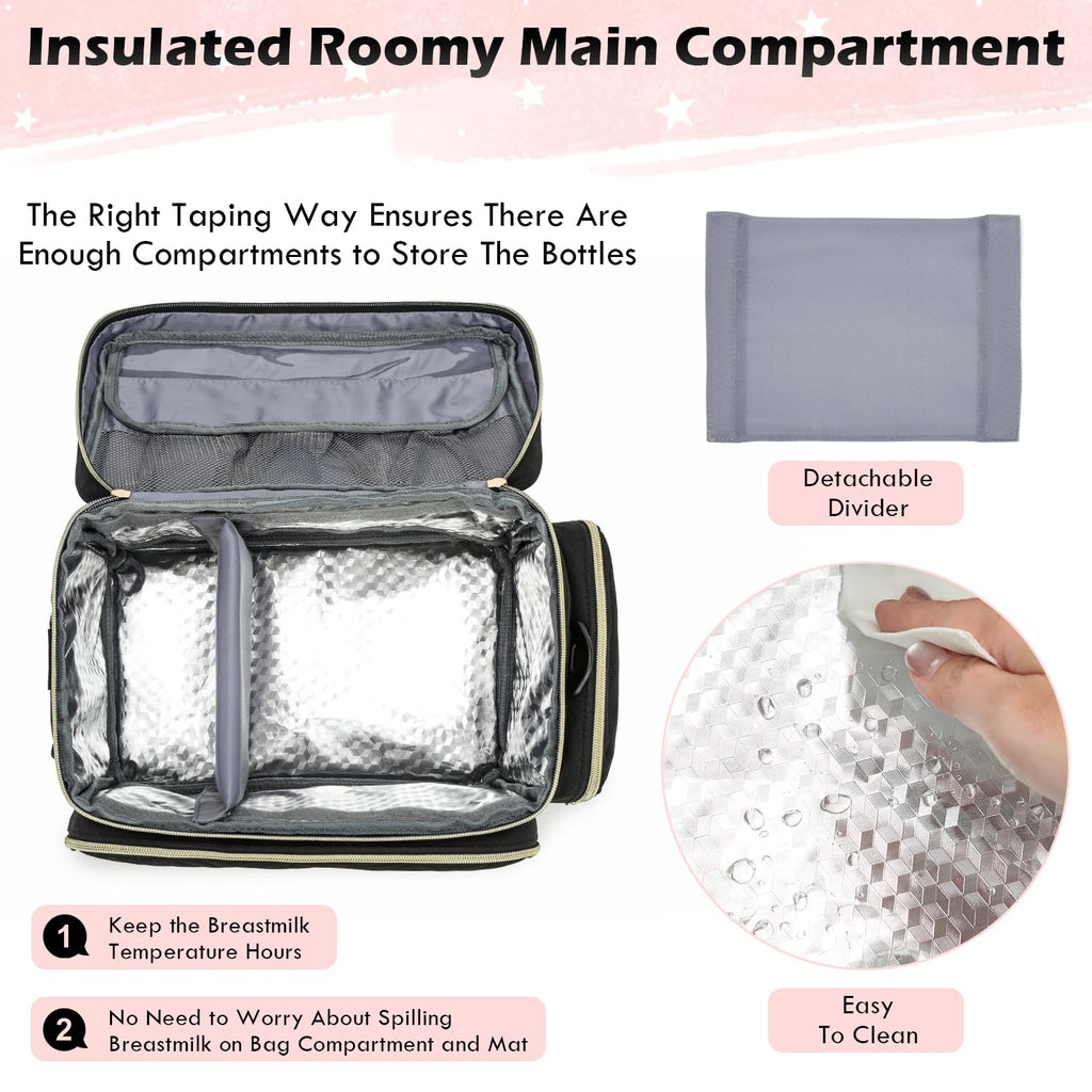 SLINRKE breast pump travel bag displaying the included reusable gel ice pack and waterproof mat accessories.