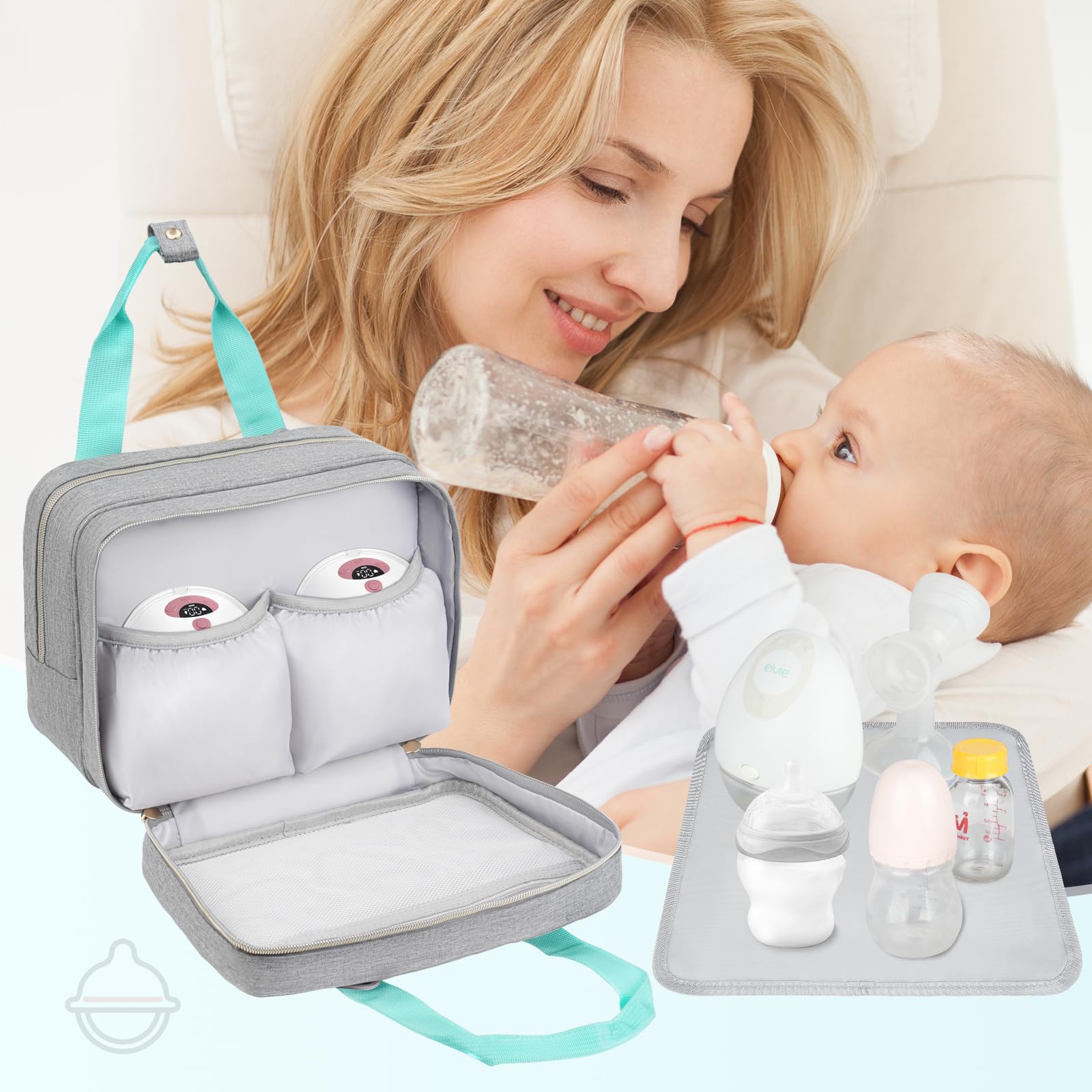 EdirFtra compact gray breast pump bag attached to a baby stroller handle using integrated loops