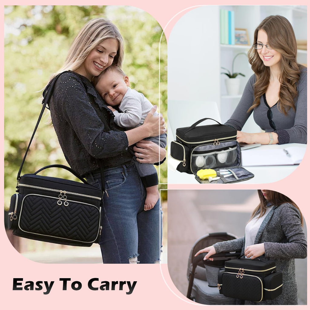 SLINRKE diaper bag style organizer side profile showing elastic mesh pockets for baby wipes and tissues.