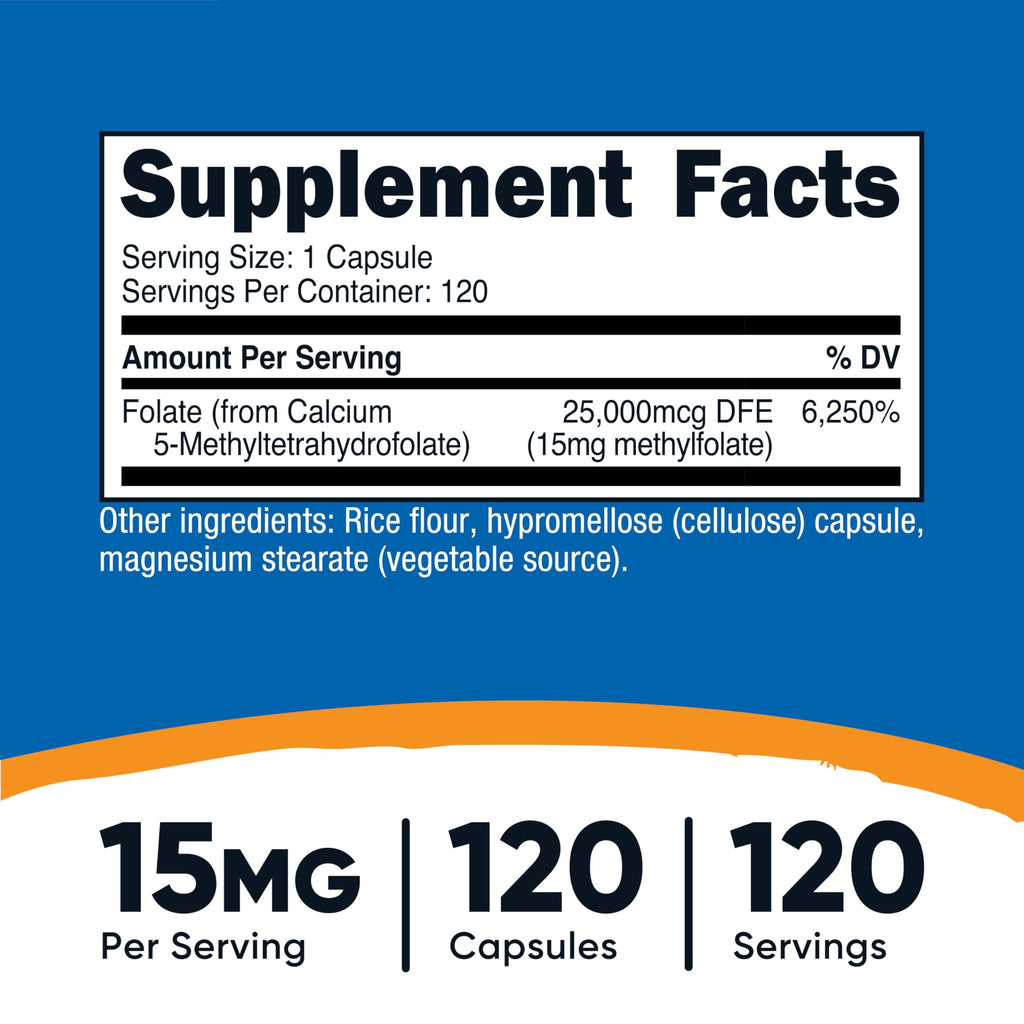 Nutricost 5-MTHF vitamin B9 supplement label details showing 15mg dosage facts