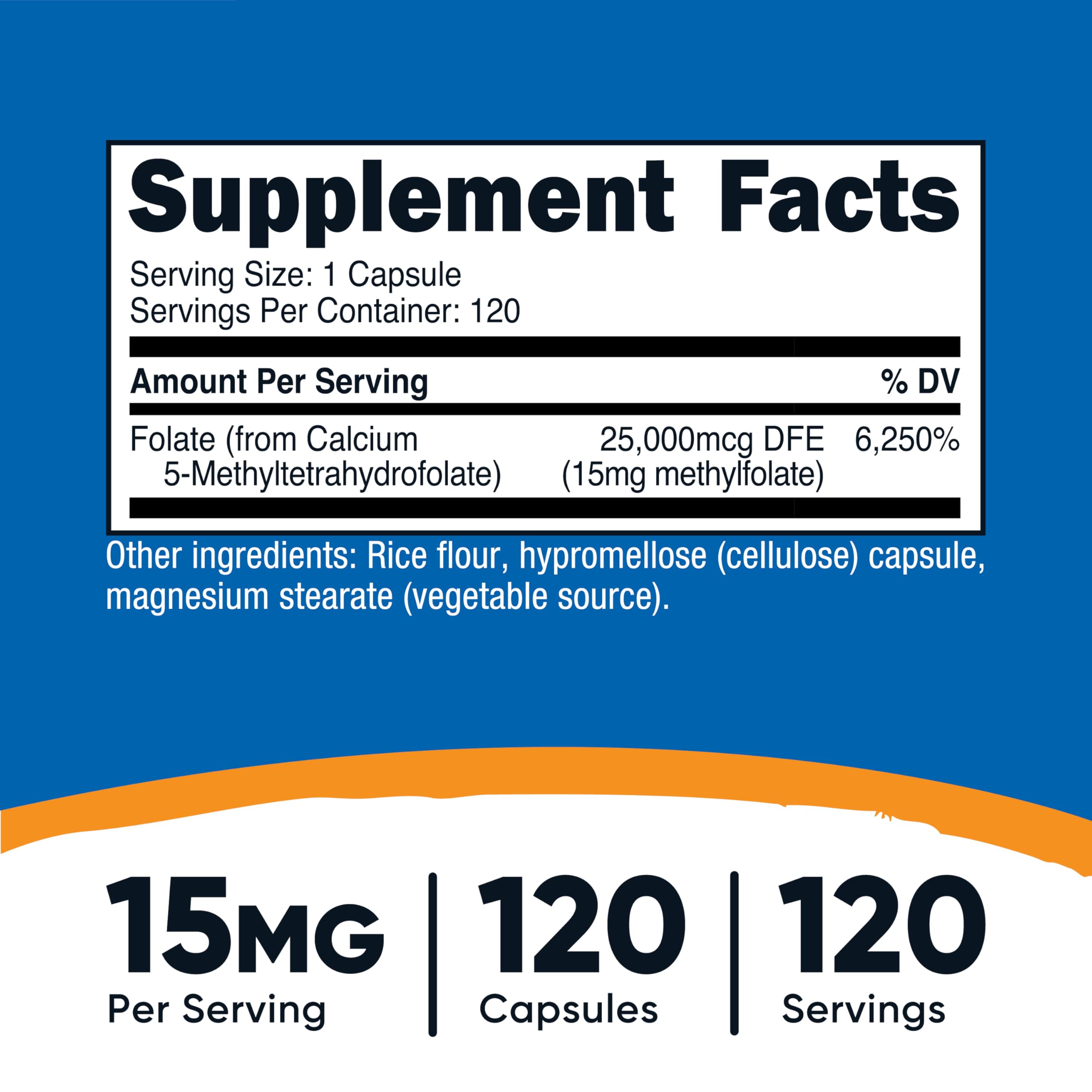 Nutricost 5-MTHF vitamin B9 supplement label details showing 15mg dosage facts