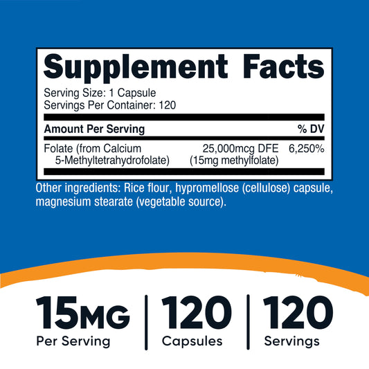 Nutricost 5-MTHF vitamin B9 supplement label details showing 15mg dosage facts