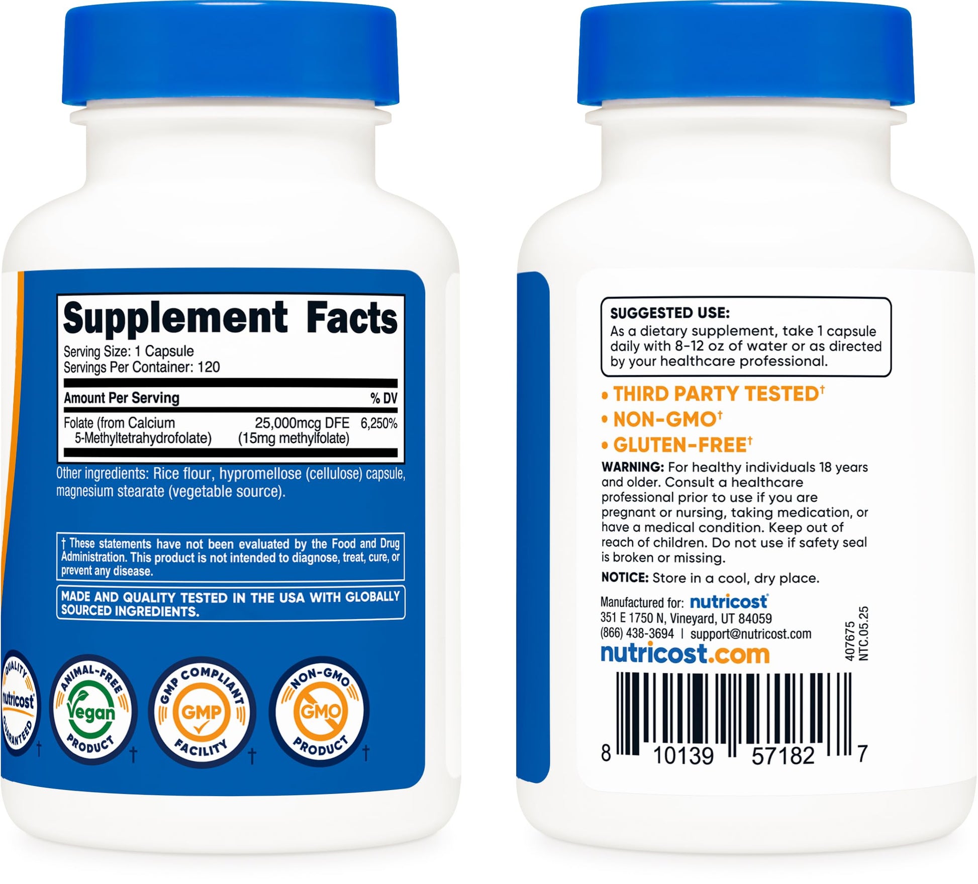 Nutricost L-Methylfolate 120 vegetarian capsules container displaying quality assurance testing info