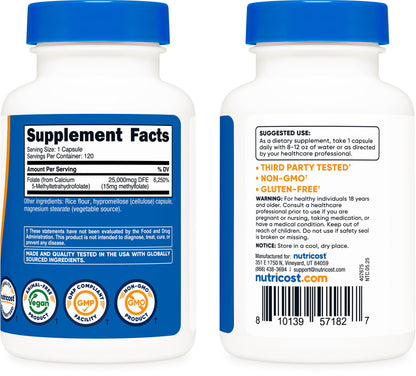 Nutricost L-Methylfolate 120 vegetarian capsules container displaying quality assurance testing info