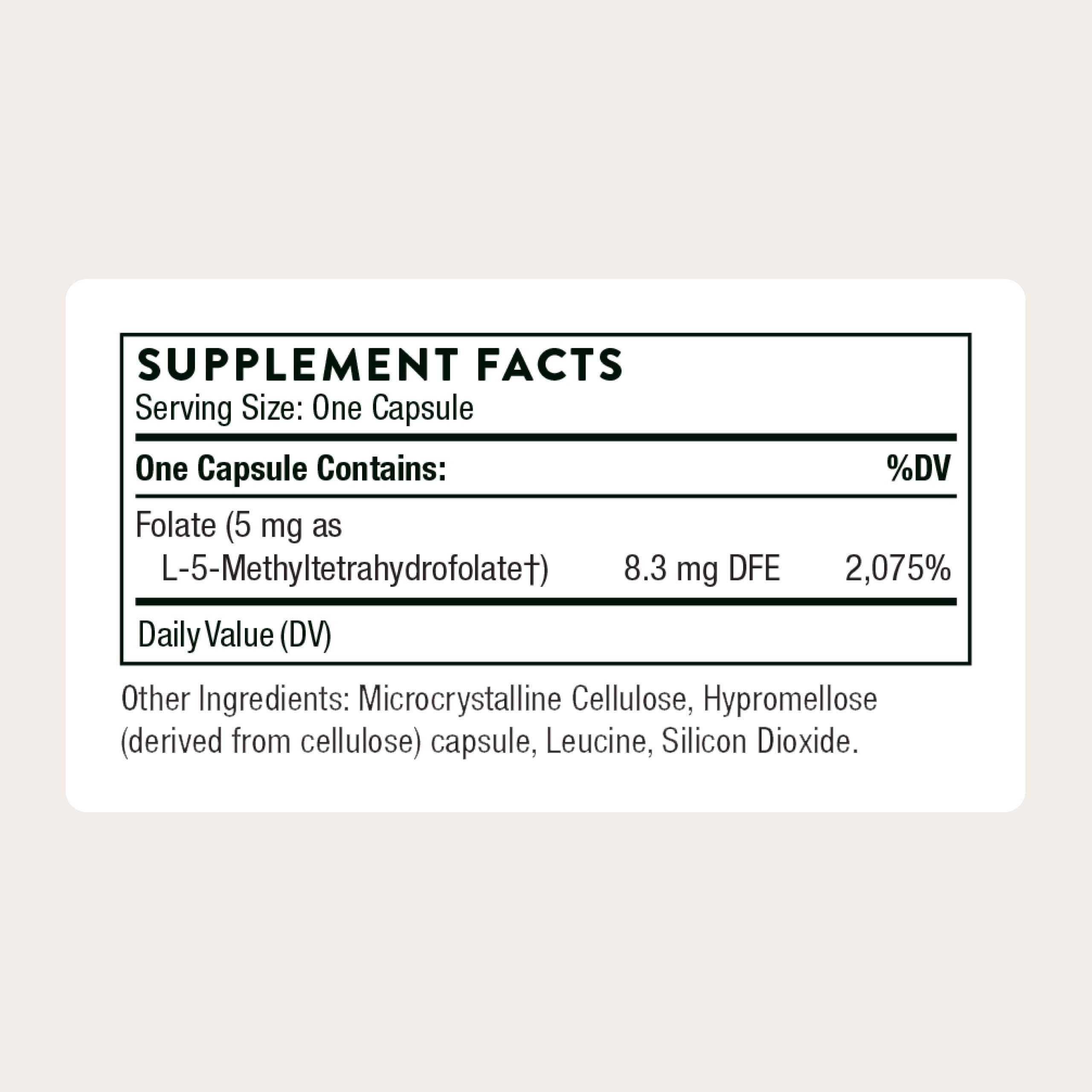 Thorne 5mg L-5-Methyltetrahydrofolate 60 vegetarian capsules supplement facts label detail
