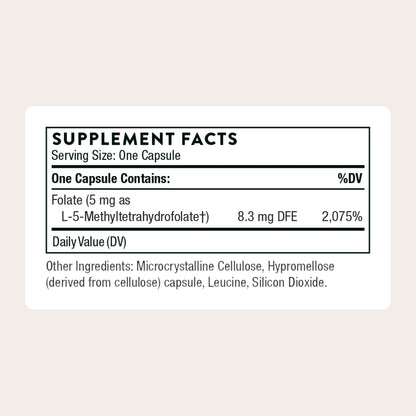 Thorne 5mg L-5-Methyltetrahydrofolate 60 vegetarian capsules supplement facts label detail