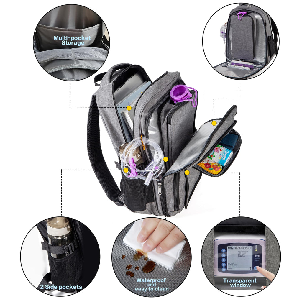 Meesyn medical supply carrier showing the integrated two-way zipper tube access ports.