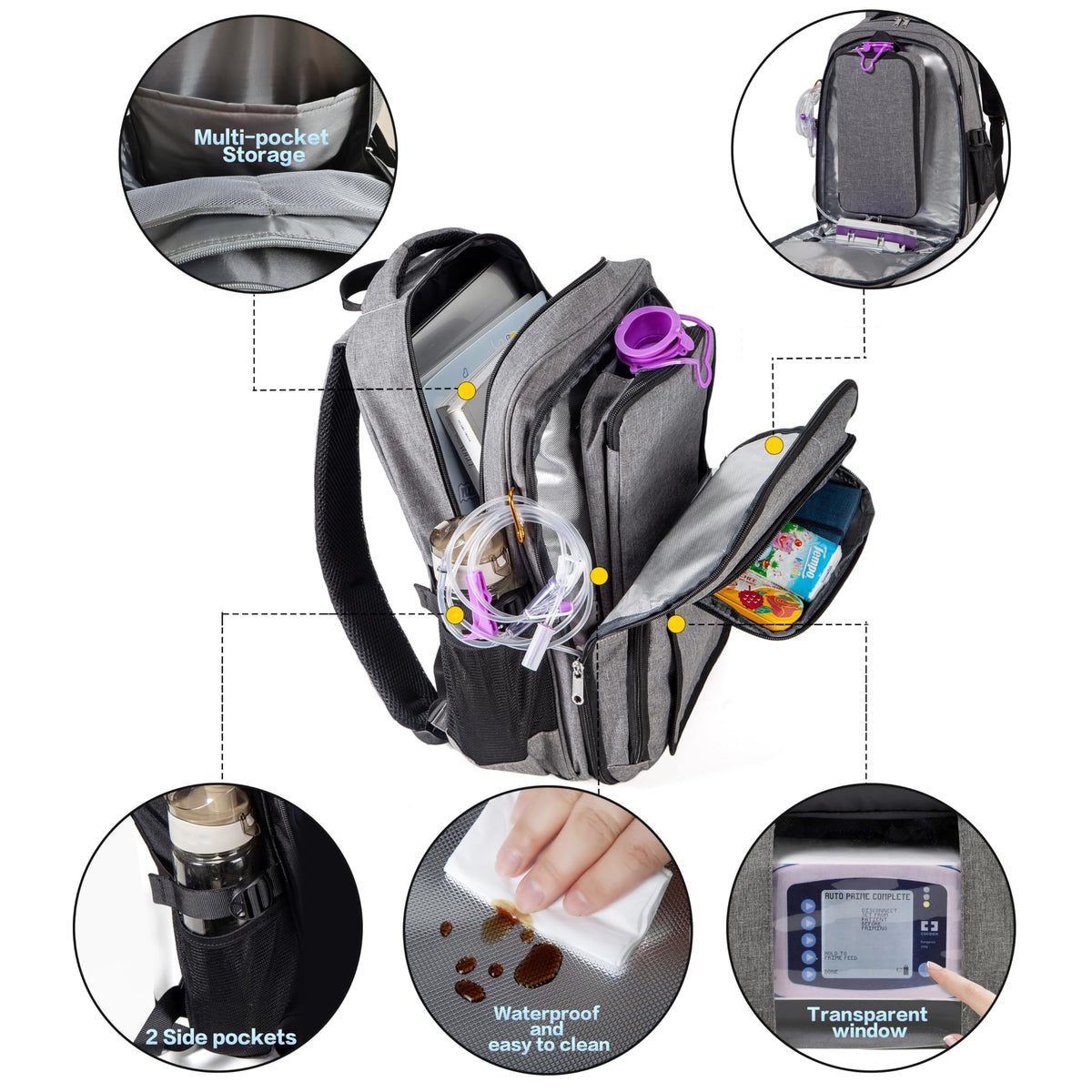 Meesyn medical supply carrier showing the integrated two-way zipper tube access ports.