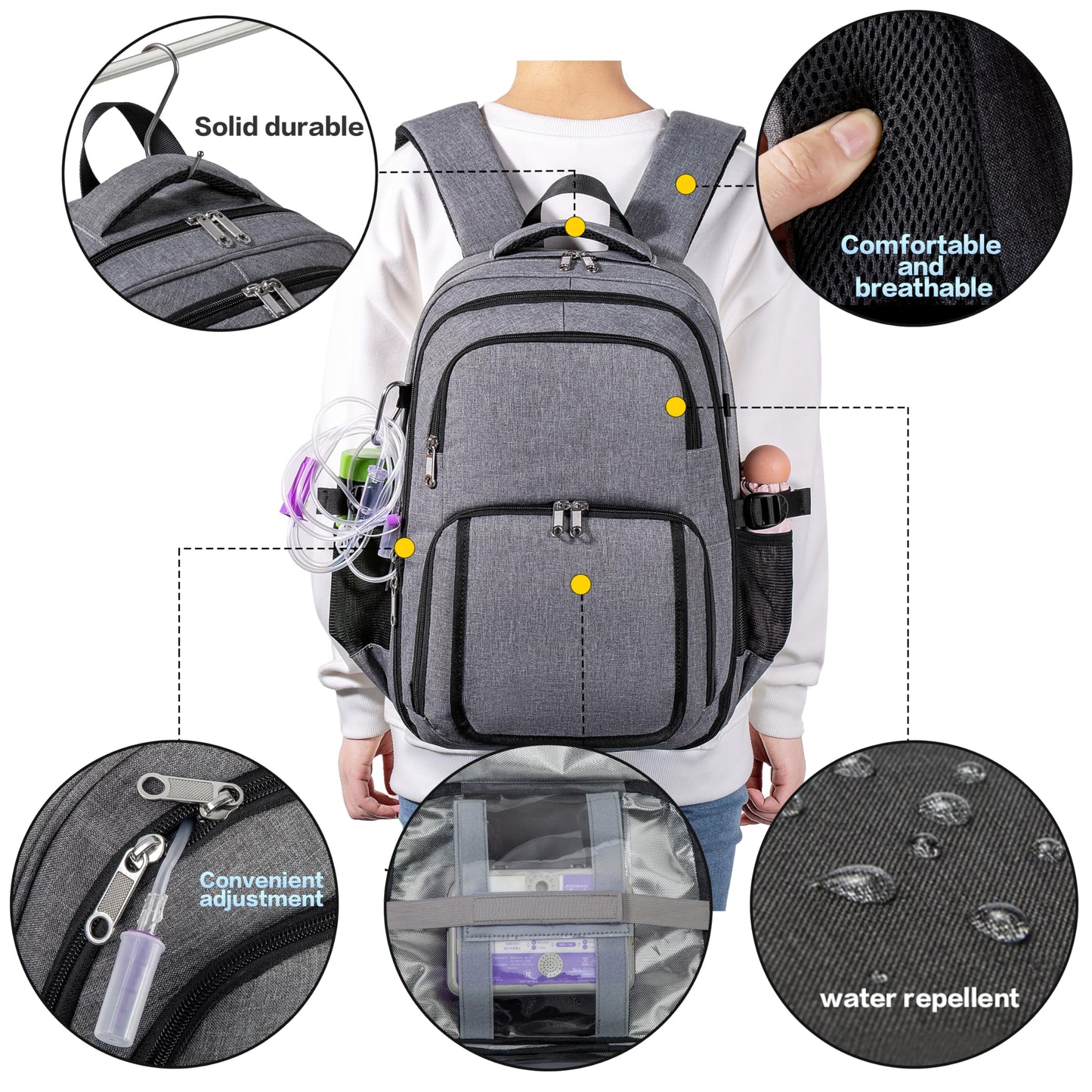 Meesyn adult G tube backpack with adjustable padded shoulder straps for daily mobility.