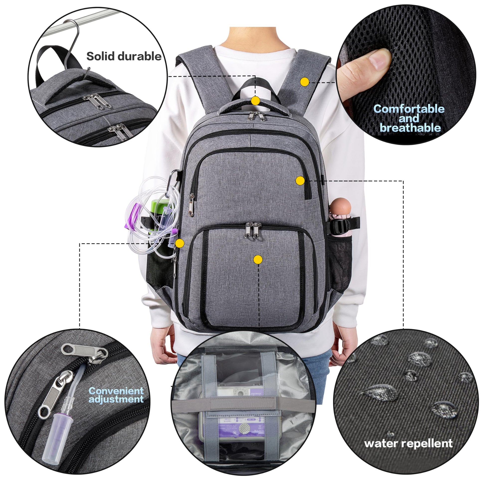Meesyn adult G tube backpack with adjustable padded shoulder straps for daily mobility.