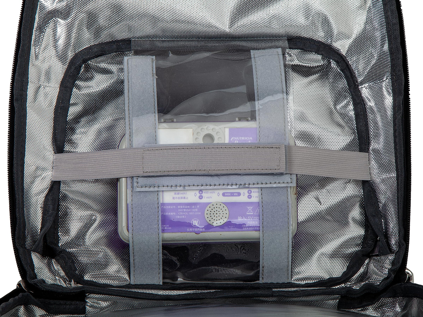 Meesyn enteral feeding device carrier demonstrating hands-free usage for adult patients.