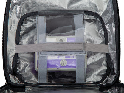 Meesyn enteral feeding device carrier demonstrating hands-free usage for adult patients.