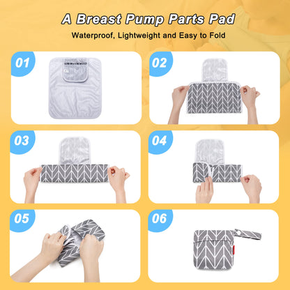 Damero gray arrow travel bag hanging from a stroller handle