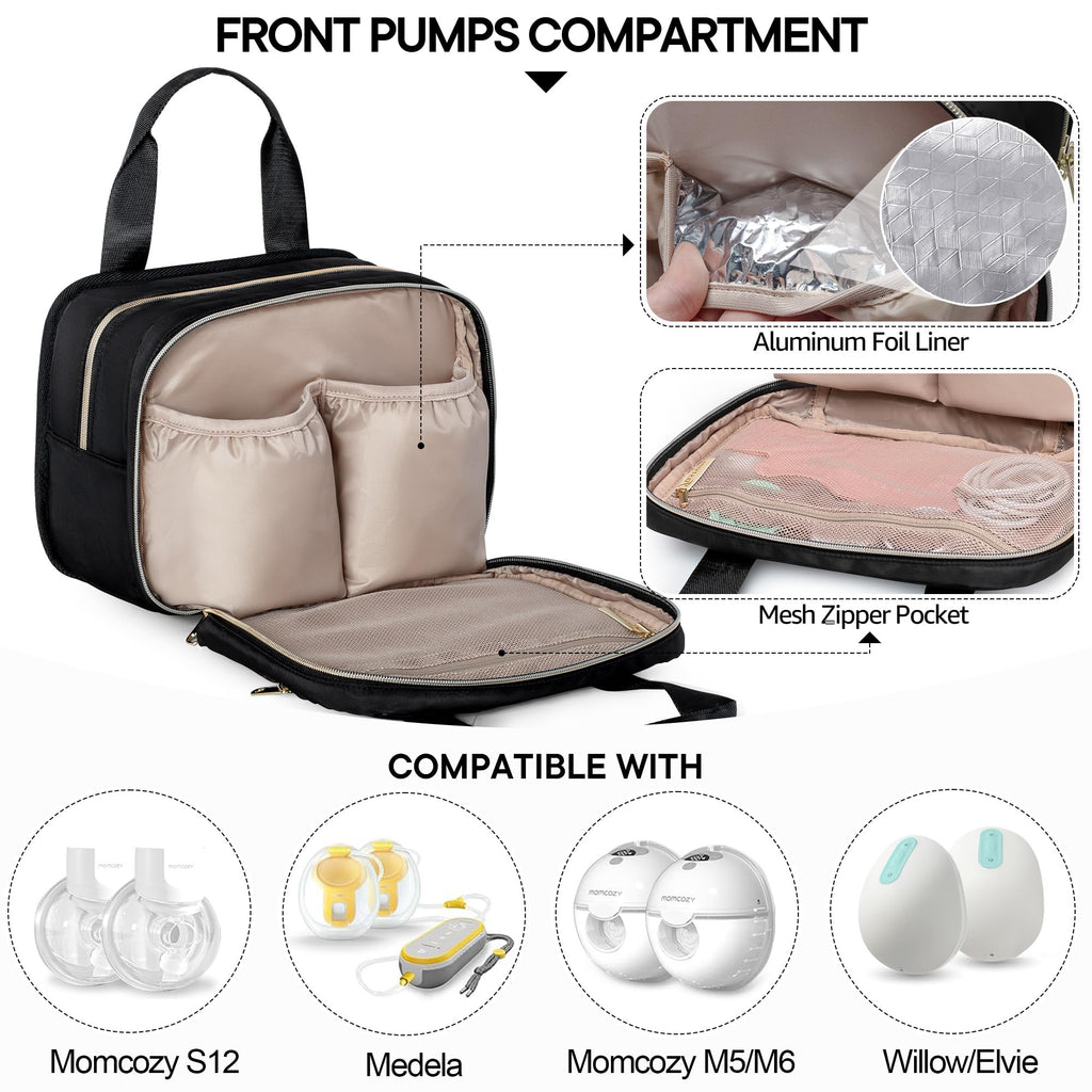 Fasrom portable breast pump carrying case opened to reveal padded elastic pouches for hands free pumps.