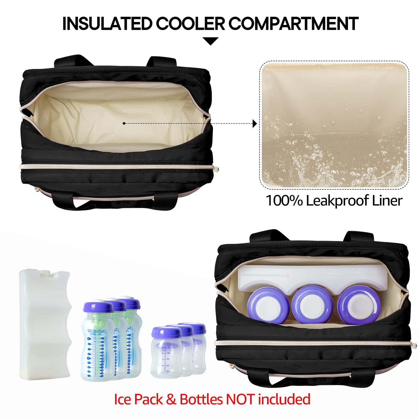 Fasrom insulated pump bag showing the seamless waterproof cooler compartment holding baby bottles.