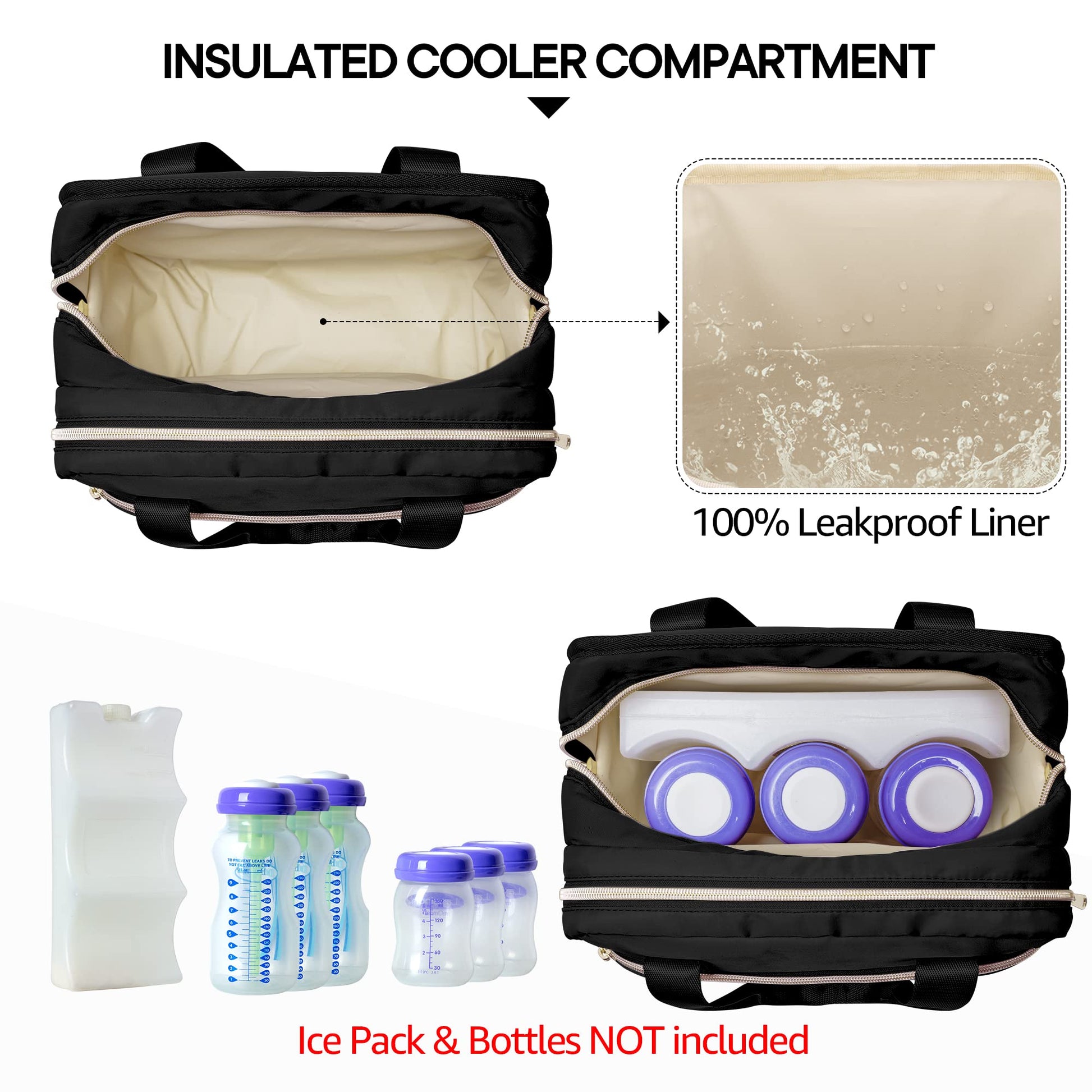 Fasrom insulated pump bag showing the seamless waterproof cooler compartment holding baby bottles.