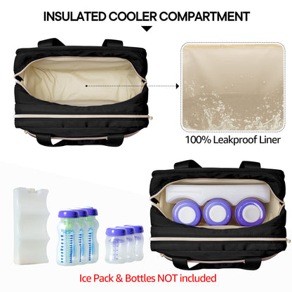 Fasrom insulated pump bag showing the seamless waterproof cooler compartment holding baby bottles.