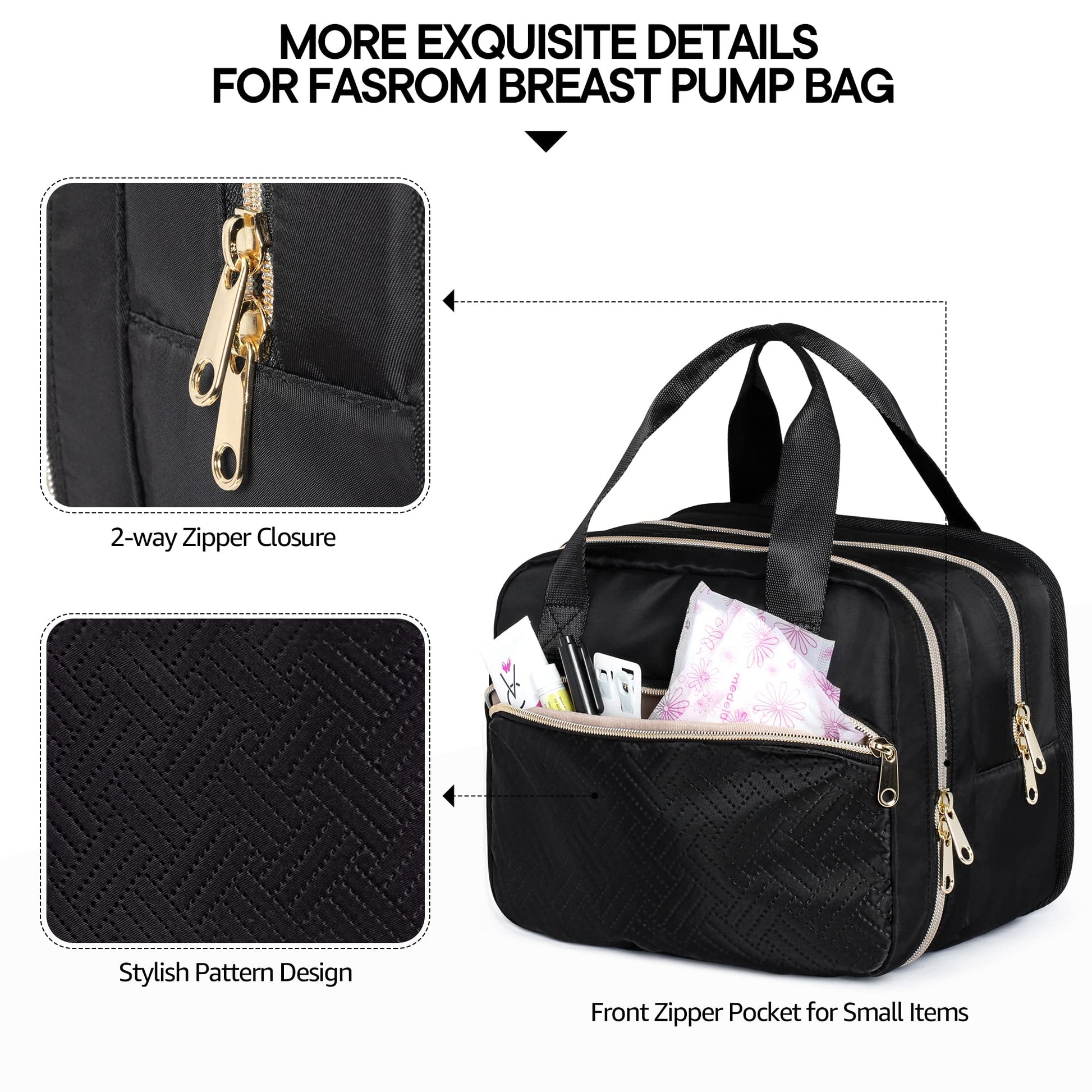 Fasrom pump organizer tote demonstrating internal mesh pockets filled with charging cords and valves.