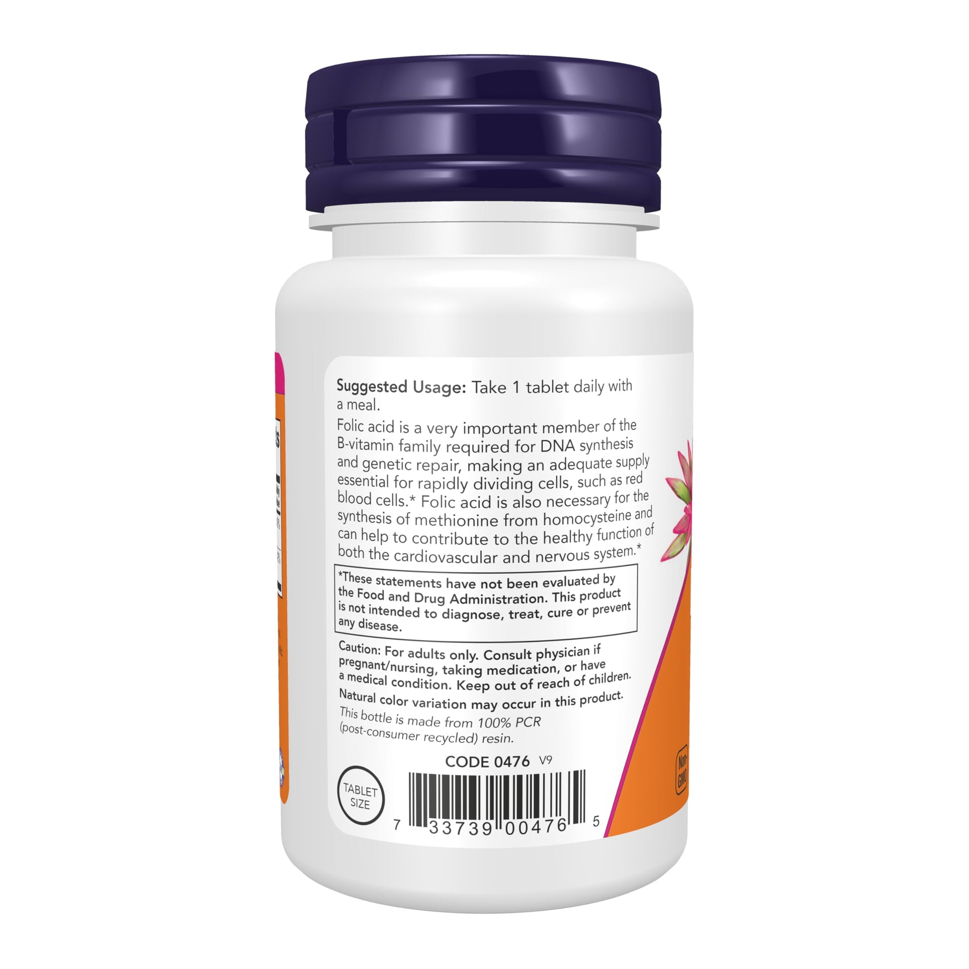 Supplement facts panel on the back of NOW Foods Folic Acid bottle